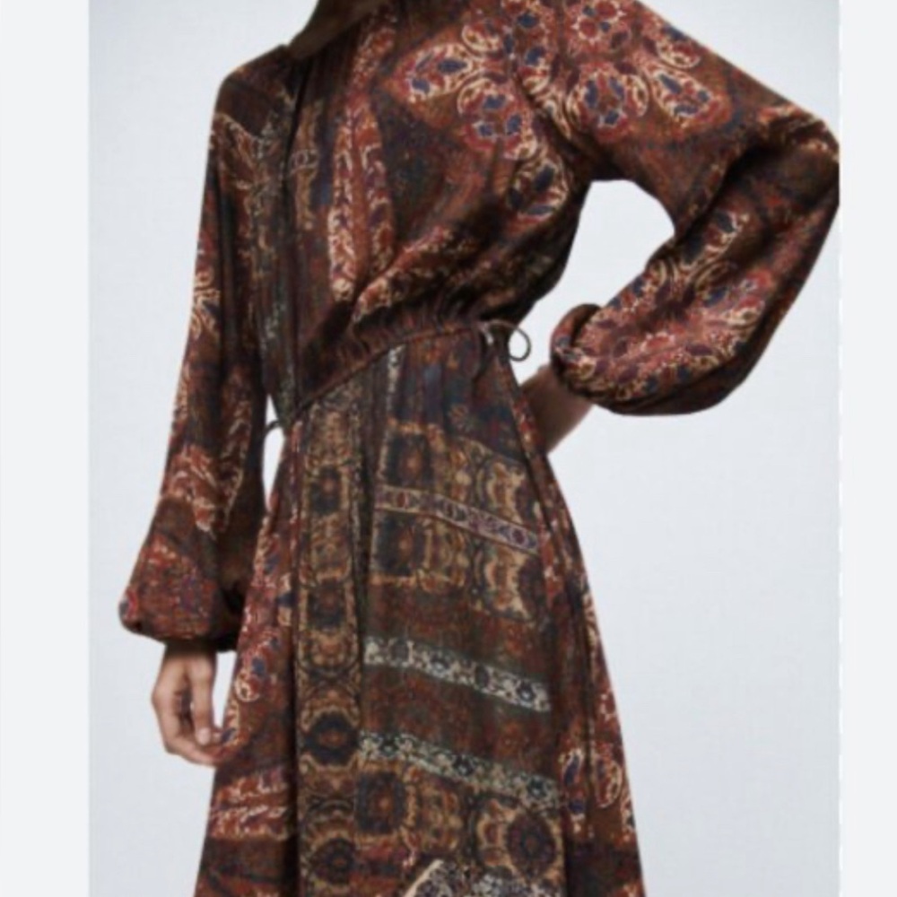 Zara Women Brick Red Paisley Print Long Oversized Dress Size M NWT